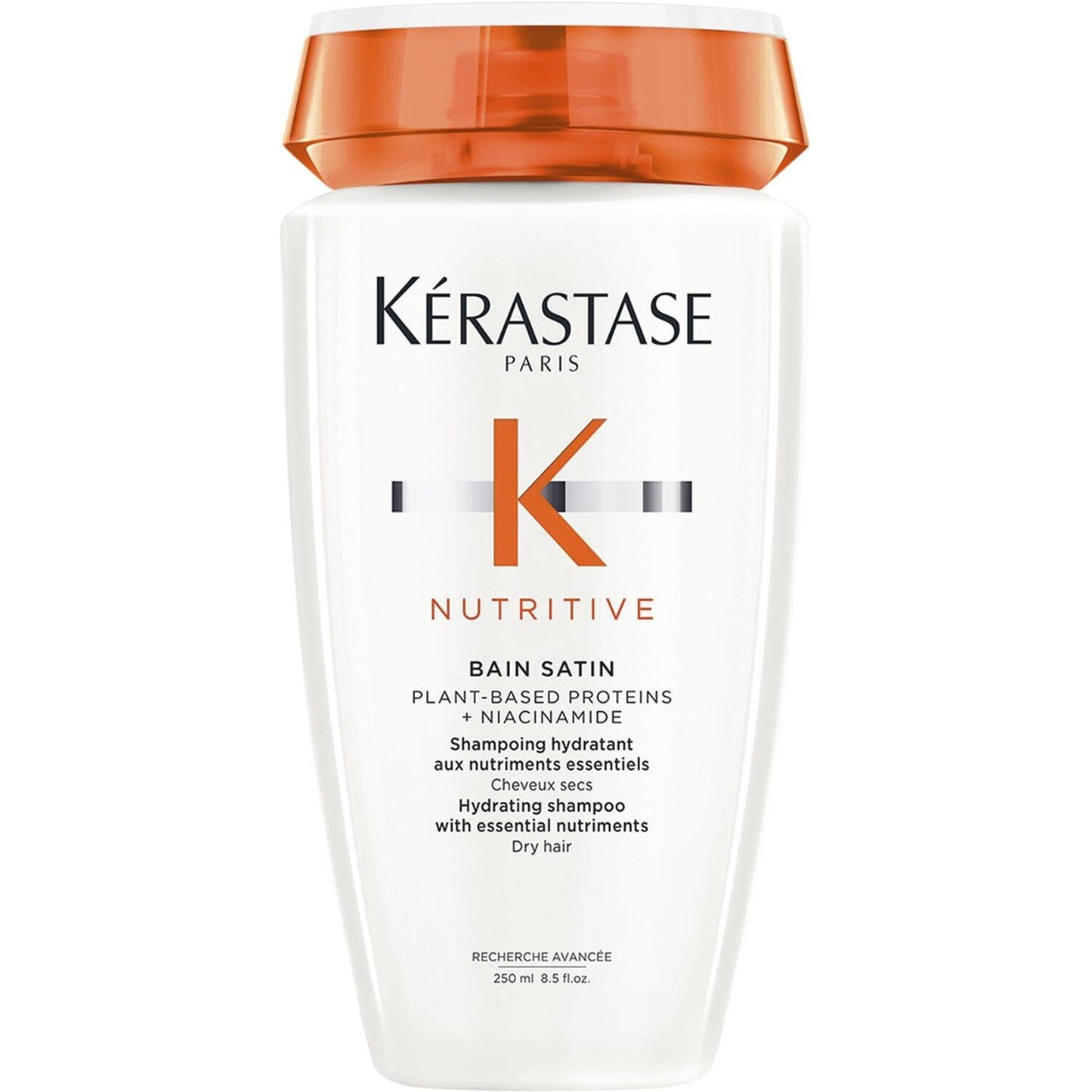 Kerastase Nutritive Bain Satin moisturizing shampoo for hair, 250ml bottle, with a sleek design and label visible.