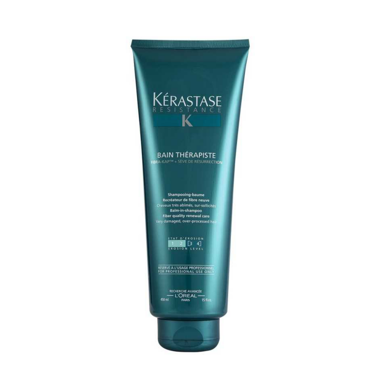 Kerastase Resistance Bain Thérapiste shampoo in 450ml bottle, ideal for damaged hair, shown in this product image.