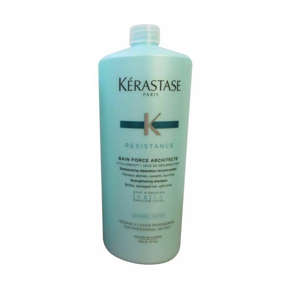 Kerastase Resistance Bain Force Architecte shampoo in a 34 fl oz bottle, designed for strengthening and repairing damaged hair.