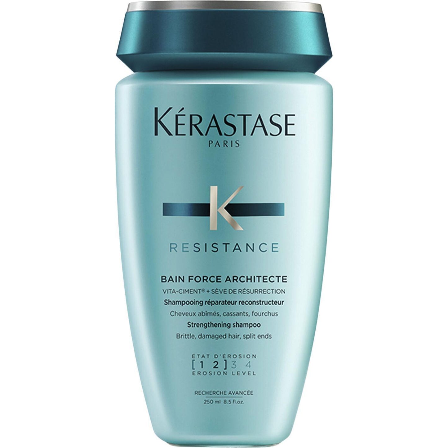 Kerastase Resistance Bain Force Architecte strengthening shampoo in 250ml bottle, designed to reinforce and repair hair.