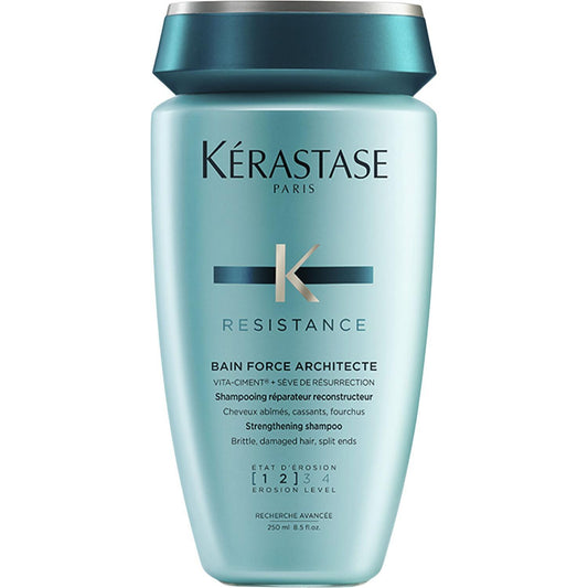 Kerastase Resistance Bain Force Architecte strengthening shampoo in 250ml bottle, designed to reinforce and repair hair.
