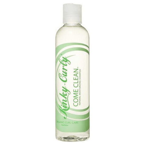 Kinky Curly Come Clean Shampoo 8 oz by Pasteur Pharmacy, clear liquid shampoo in a bottle with a black flip cap