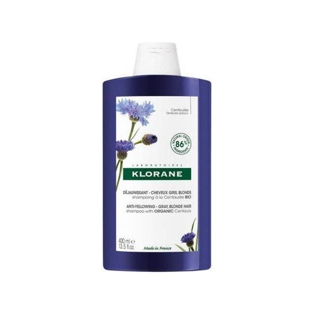 Klorane Anti-Yellowing Shampoo with Centaury in a 400ml bottle, designed to neutralize yellow tones in hair.