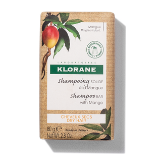 Klorane Mango Shampoo Bar 2.8 oz, natural shampoo for nourishing hair, shown with mango ingredients and packaging.
