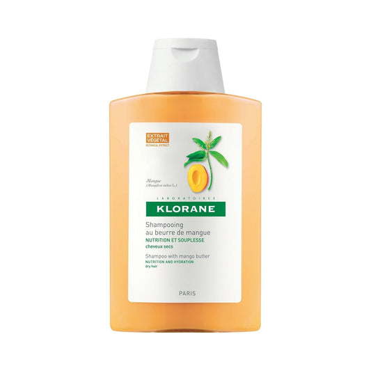 Klorane Nourishing Shampoo with Mango Butter in a 6.7 oz bottle, formulated for nourishing and softening hair.