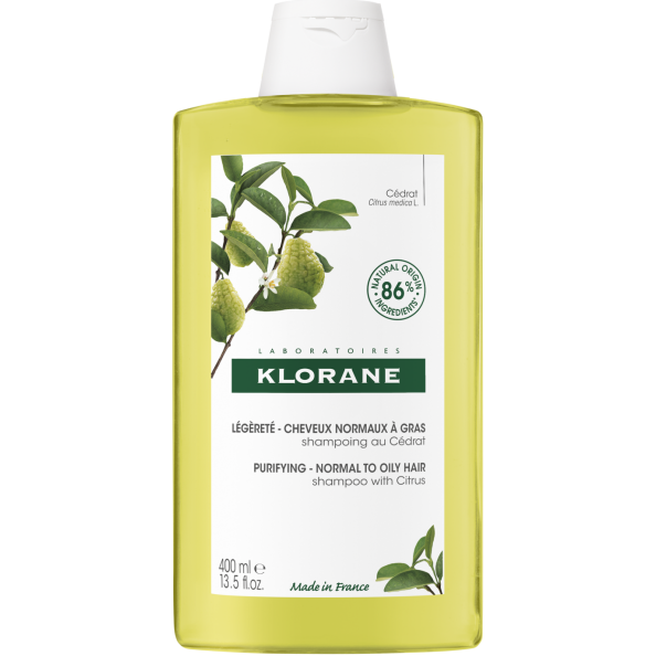 Klorane Purifying Shampoo for normal to oily hair with citrus, 13.5oz bottle, gentle cleansing for scalp and hair.