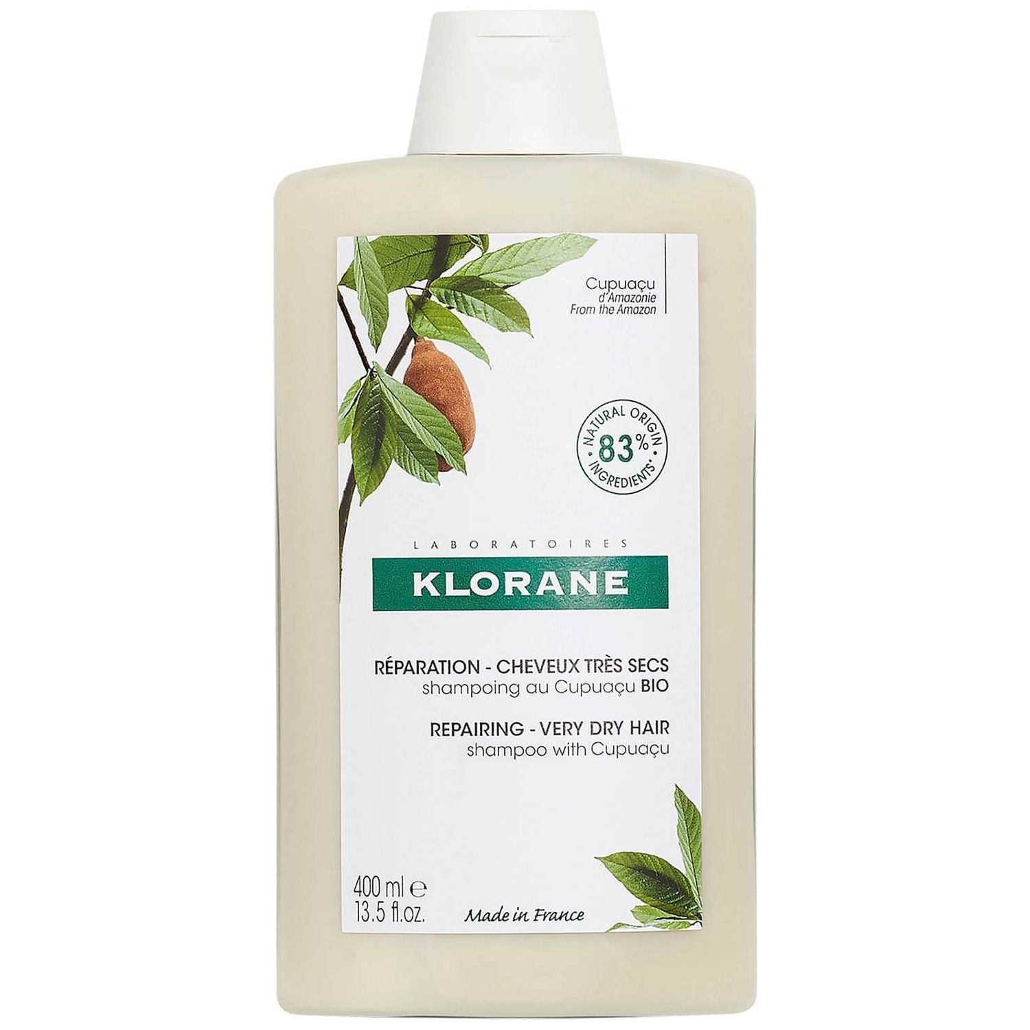 Klorane Shampoo with Cupuacu Butter in a 13.5 oz bottle, featuring creamy formula for nourishing hair care.