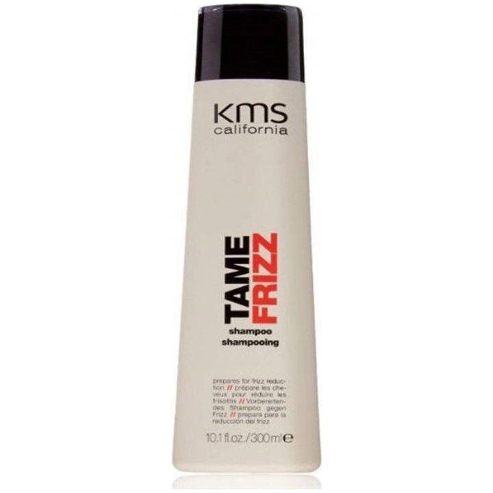 KMS California Tame Frizz Shampoo bottle, 10.1 oz, with sleek packaging and product label visible.