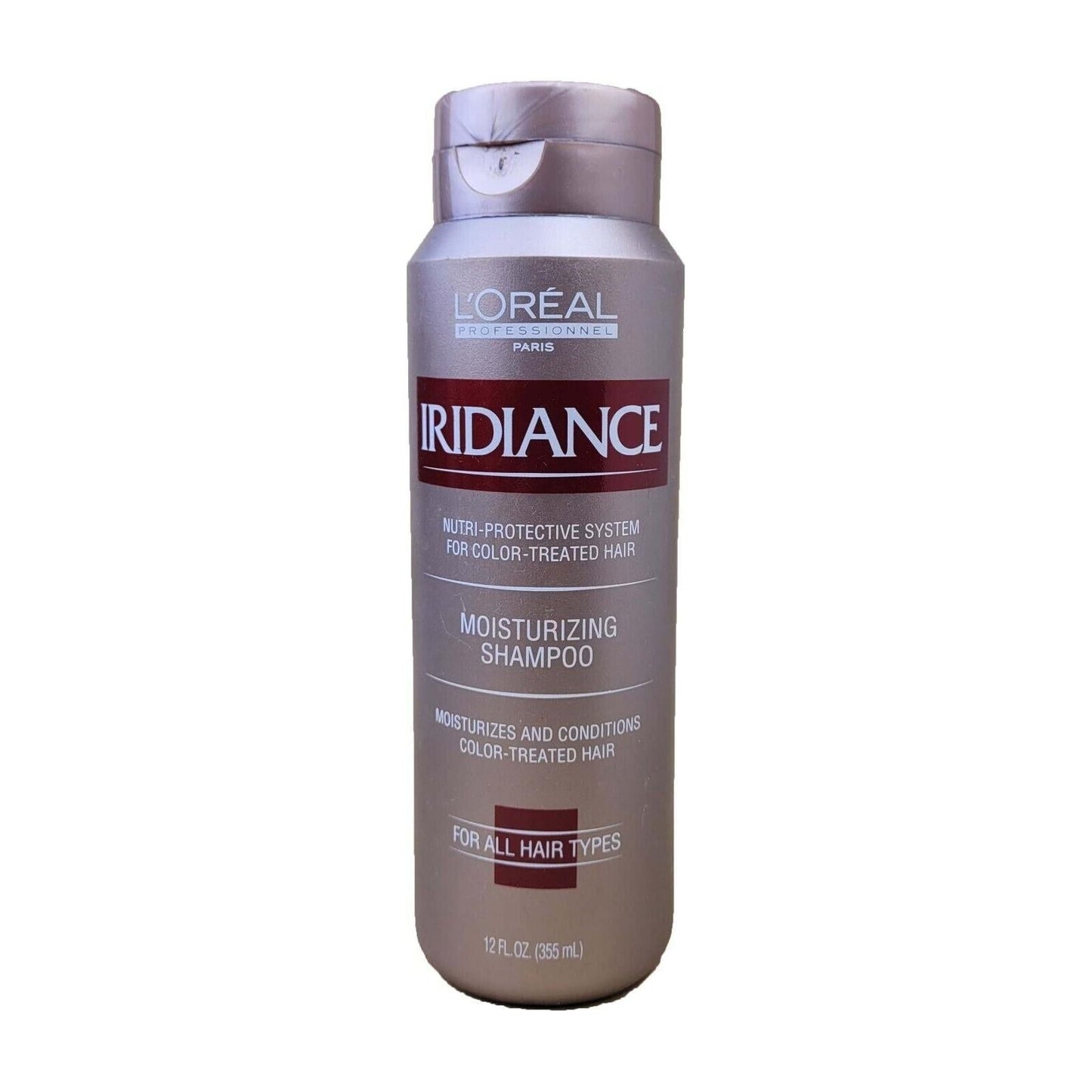 L'Oreal Iridiance Moisturizing Shampoo in a 4 oz bottle, ideal for nourishing and hydrating hair with a gentle formula.