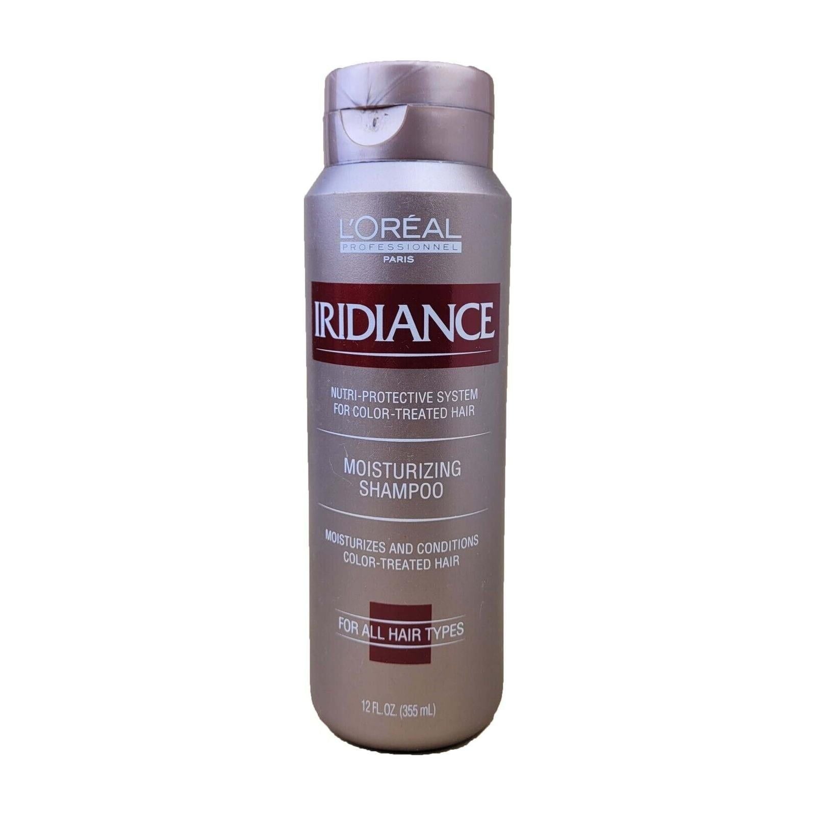 L'Oreal Iridiance Moisturizing Shampoo in a 4 oz bottle, ideal for nourishing and hydrating hair with a gentle formula.
