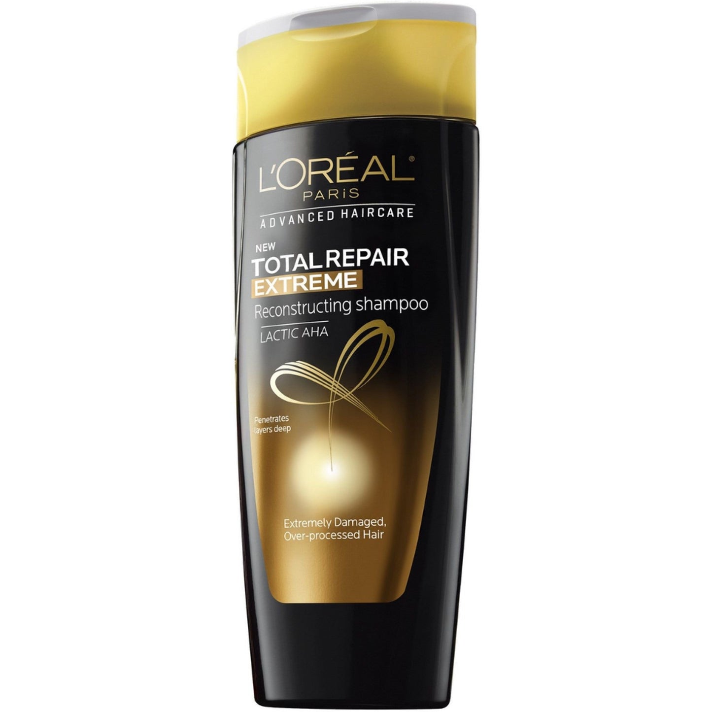 L'Oreal Paris Elvive Total Repair 5 Extreme Shampoo for damage, 12.6 oz bottle, with label displaying product details and branding.