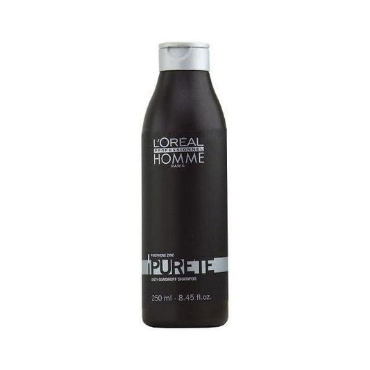 L'Oreal Professionnel Homme Purete anti-dandruff shampoo bottle, 250ml, shown with clean packaging and product details.