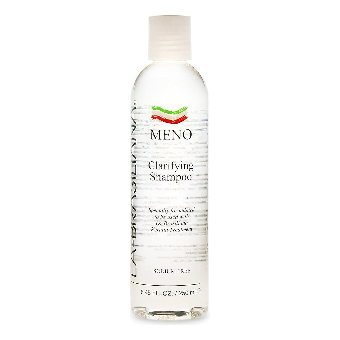 Pasteur Pharmacy La Brasiliana Meno Clarifying Shampoo in 8.45 oz bottle, featuring a clear liquid and label with brand and product details.