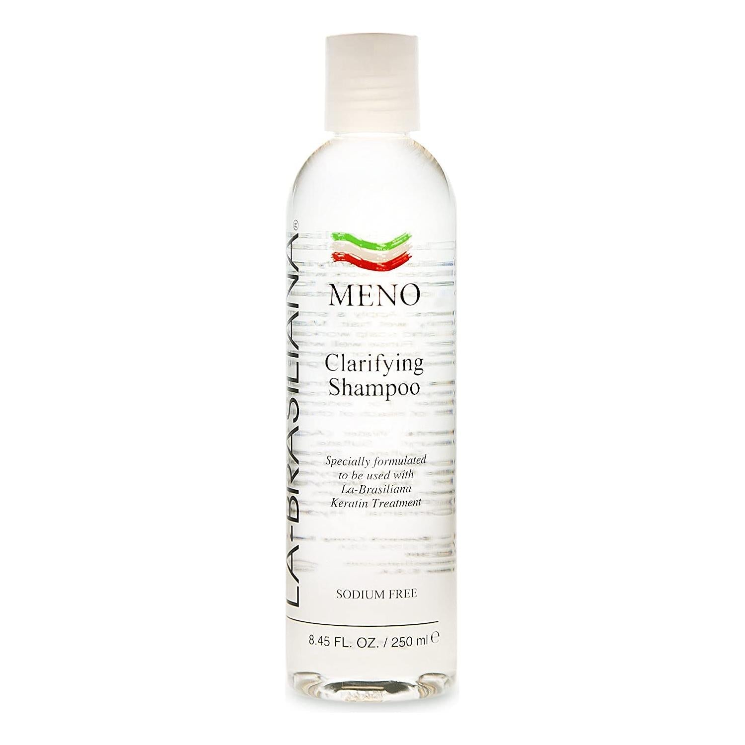 Pasteur Pharmacy La Brasiliana Meno Clarifying Shampoo in 8.45 oz bottle, featuring a clear liquid and label with brand and product details.