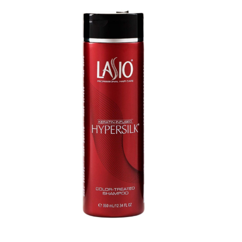 Lasio Keratin-Infused Hypersilk Color Treated Shampoo bottle, 12.34 oz, designed for color-treated hair by Pasteur Pharmacy.
