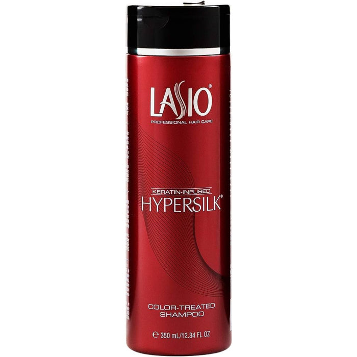 Lasio Keratin-Infused Hypersilk Replenishing Shampoo in a 12.34 oz bottle, with a clear label and pump dispenser.