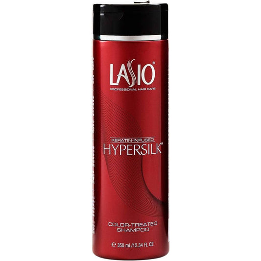 Lasio Keratin-Infused Hypersilk Replenishing Shampoo in a 12.34 oz bottle, with a clear label and pump dispenser.