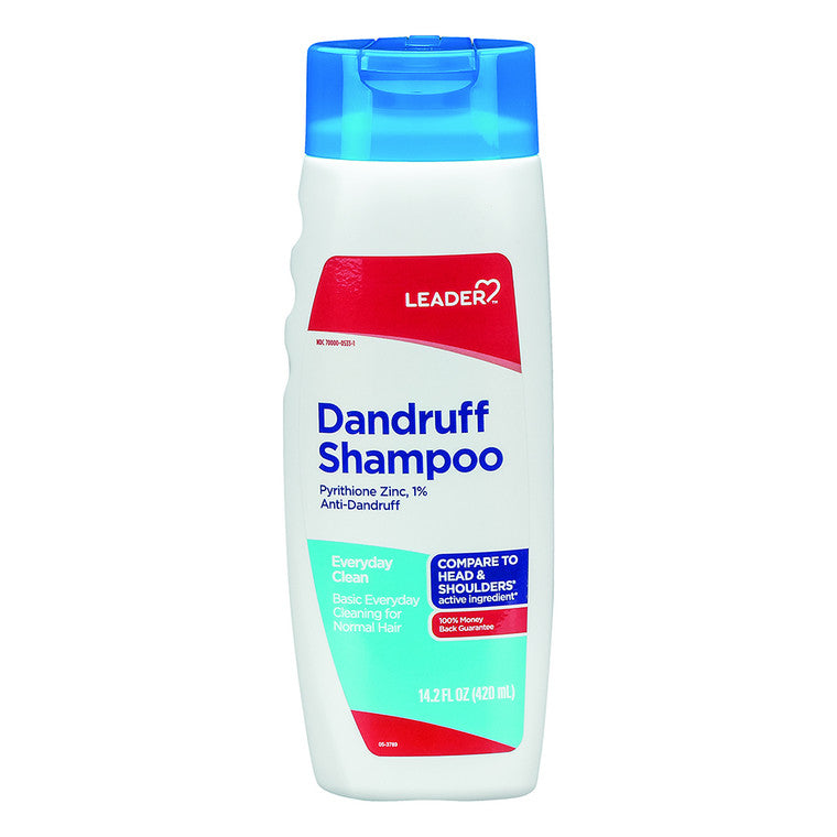 Leader Health Care Dandruff Shampoo by Pasteur Pharmacy, 14.2 oz bottle showing the shampoo bottle with label and cap.