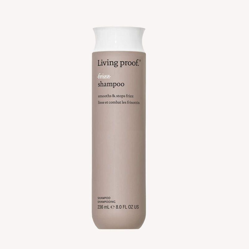 Living Proof No Frizz Shampoo bottle, 8 oz, in a clear plastic pump bottle with sleek design and label details.