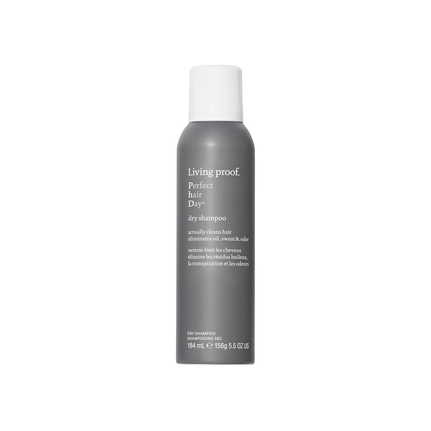 Living Proof Perfect Hair Day Dry Shampoo 5.5 oz bottle, clear label, with a pump dispenser for refreshing hair.