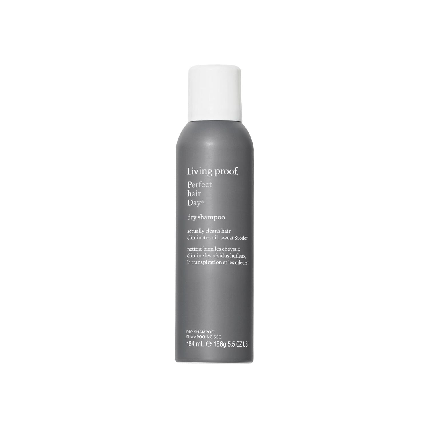 Living Proof Perfect Hair Day Dry Shampoo 5.5 oz bottle, clear label, with a pump dispenser for refreshing hair.