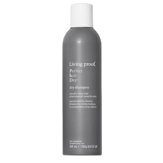 Living Proof Perfect Hair Day Dry Shampoo in 9.9 oz bottle, featuring a sleek design and clear label, ideal for refreshing hair.