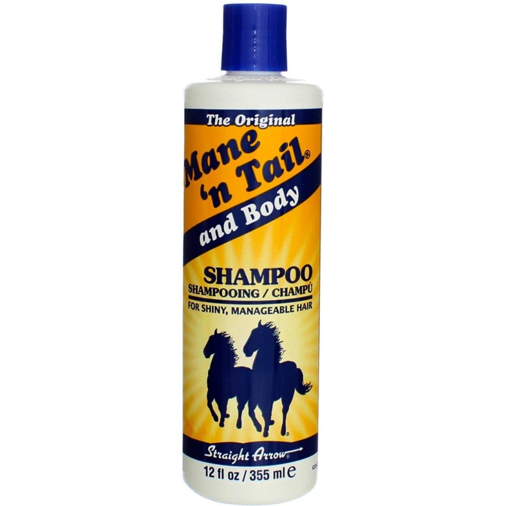 Mane 'n Tail N and Body Original Shampoo in 12 oz bottle, clear liquid shampoo with white label and cap, designed for hair and body.