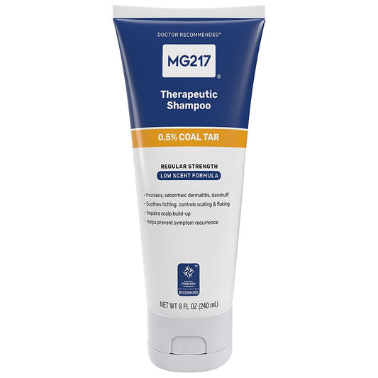 Pasteur Pharmacy MG217 Therapeutic Shampoo with Coal Tar, bottle of medicated shampoo for scalp conditions.