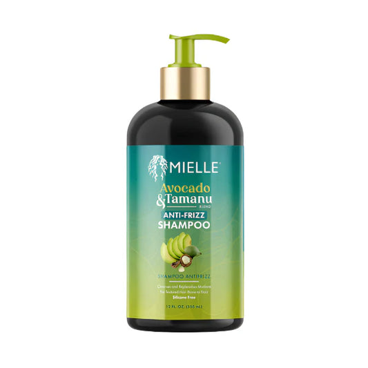 Mielle Avocado & Tamanu Anti-frizz Shampoo 12 oz bottle, natural ingredients, for frizz control and smooth hair.