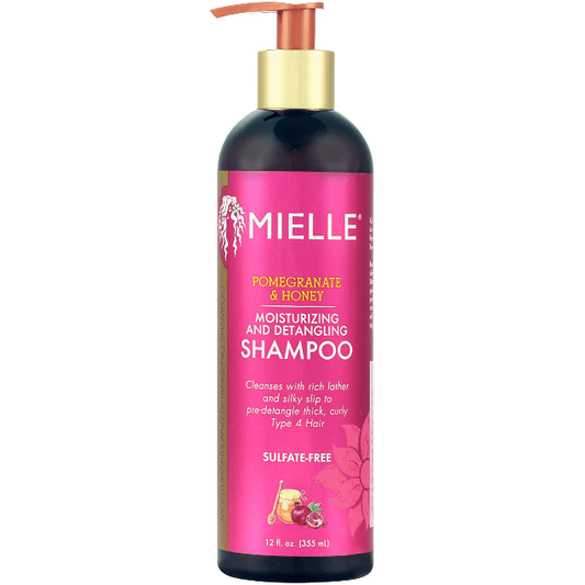 Mielle Organics Pomegranate & Honey Shampoo in 12 oz bottle with label, designed for nourishing hair.