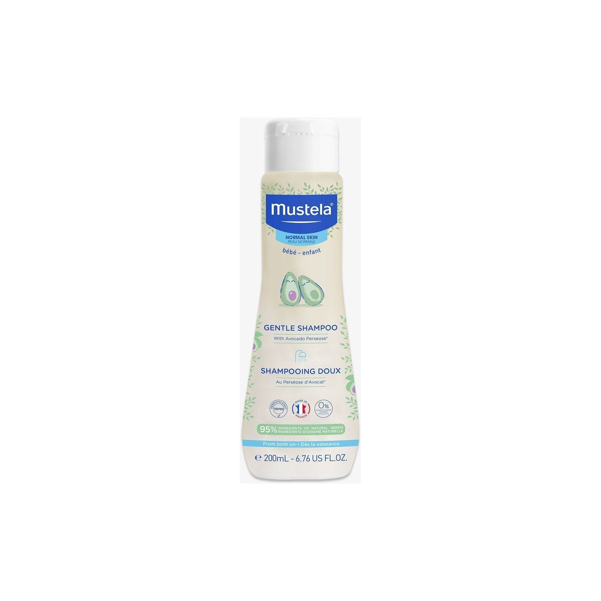 Mustela Gentle Shampoo for Normal Skin in a 6.76 fl oz bottle, designed for gentle cleansing of normal skin.