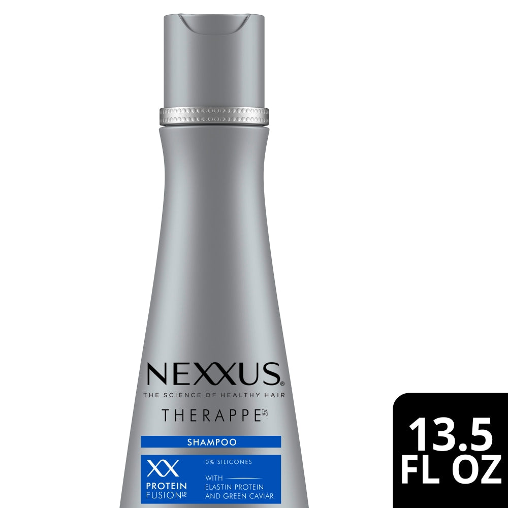 Nexxus Therappe Shampoo for dry hair with ultimate moisture in a 13.5 fl oz bottle, shown in a retail setting.