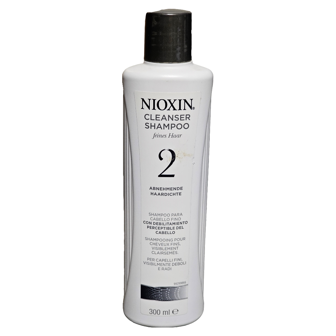 Nioxin Diameter 2 Cleanser Shampoo for natural hair thinning, 10.1 oz bottle, with purple and white branding and product label.