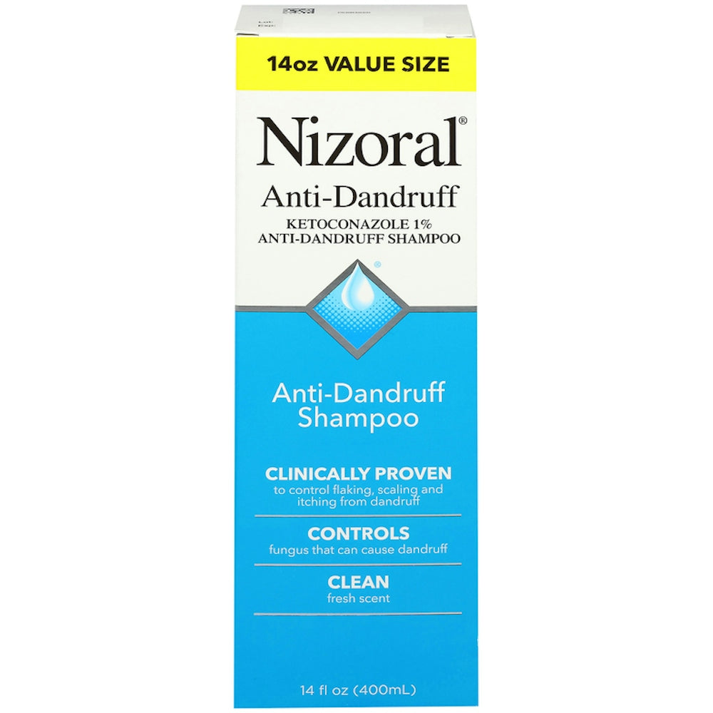 Pasteur Pharmacy Nizoral Anti-Dandruff Shampoo 14 oz bottle with label and cap, designed for scalp dandruff treatment.