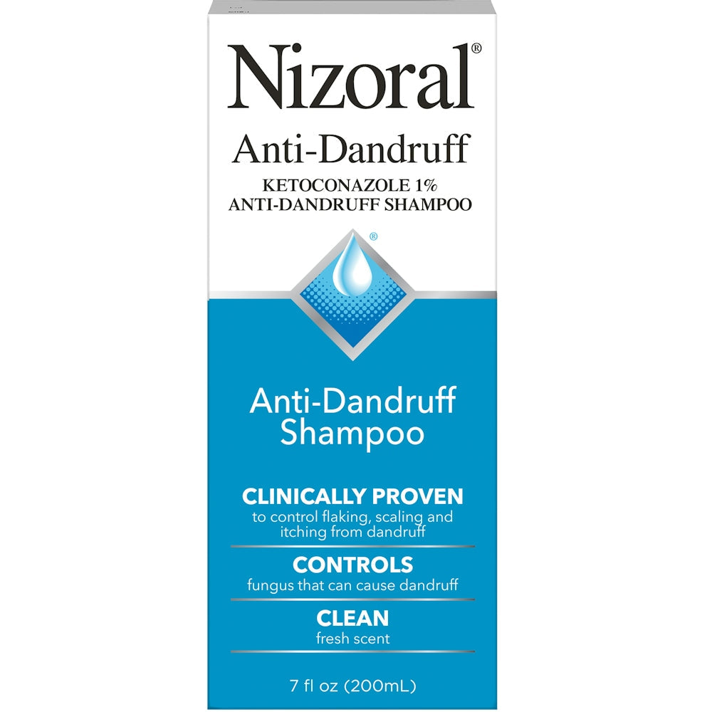 Nizoral Anti-Dandruff Shampoo in 7 fl oz bottle with clean fresh scent, designed to soothe scalp and reduce dandruff.