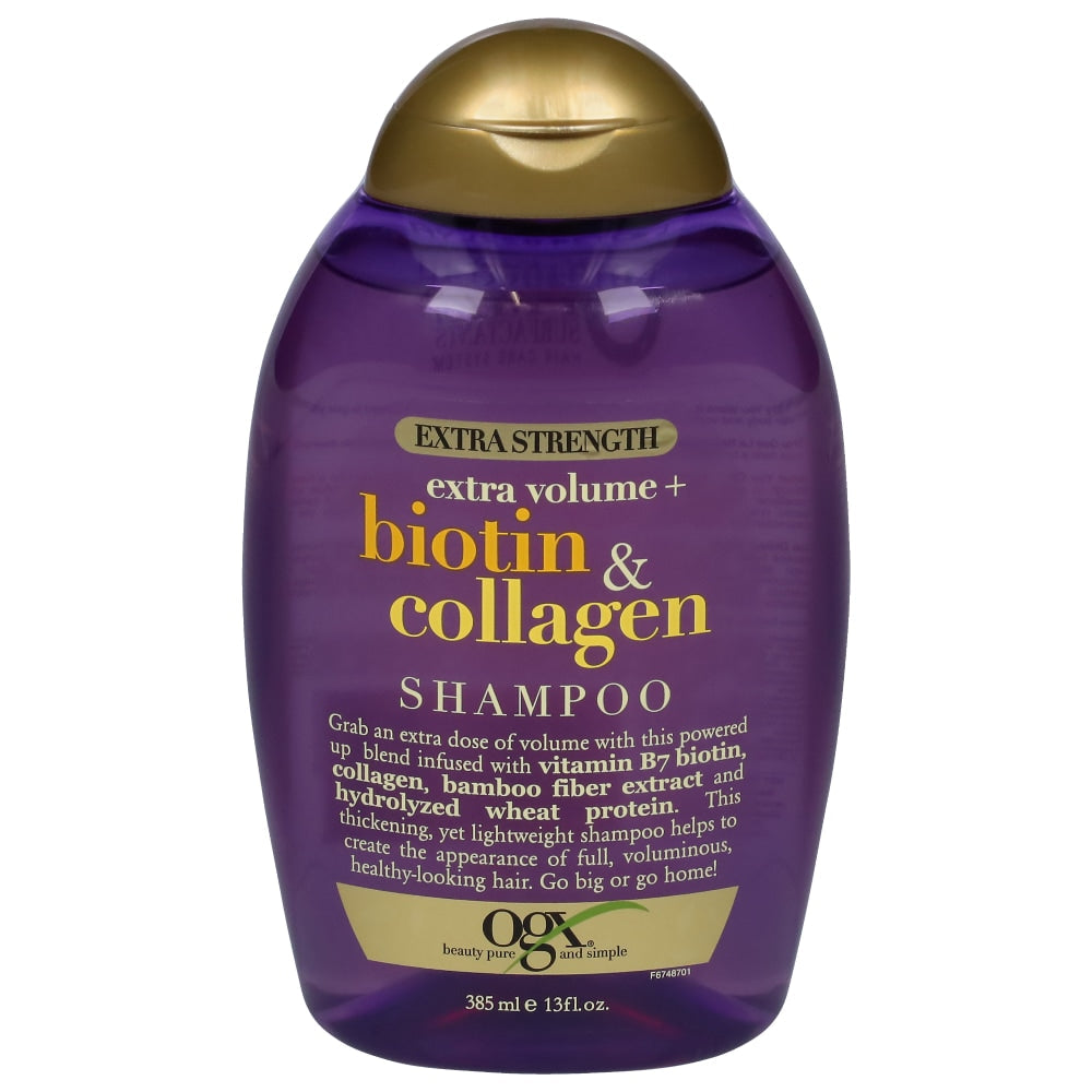 Ogx Biotin & Collagen Extra Strength Shampoo bottle with label, showcasing the shampoo's packaging and branding.