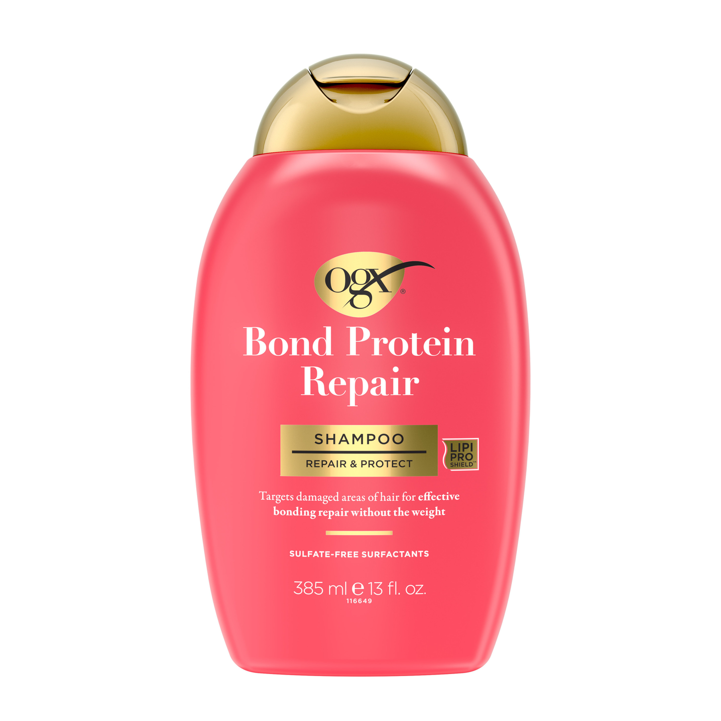 OGX Bond Protein Repair Shampoo in 385mL bottle, featuring a clear bottle with blue and white label, designed for damaged hair.