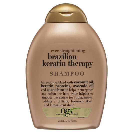 OGX Ever Strengthening Shampoo with Brazilian Keratin Therapy in 385ml bottle, showing the shampoo bottle with product label.