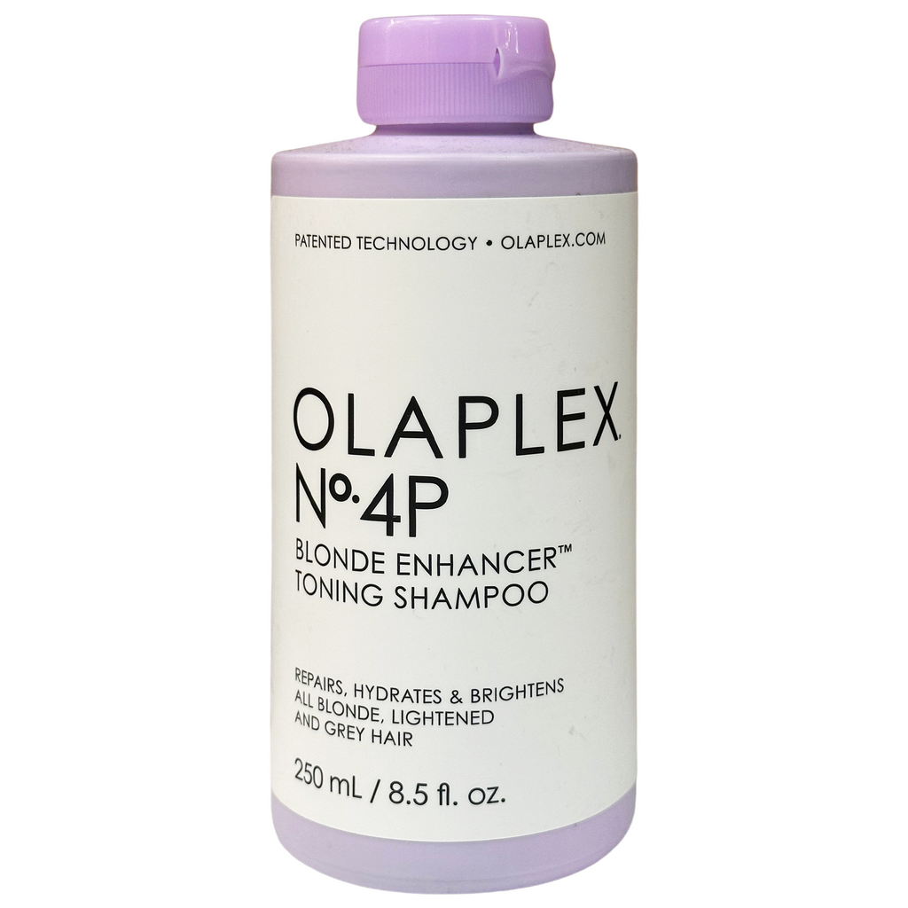 Olaplex No.4P Blonde Enhancer Toning Shampoo bottle showing the label and clear liquid inside, designed for blonde hair toning.