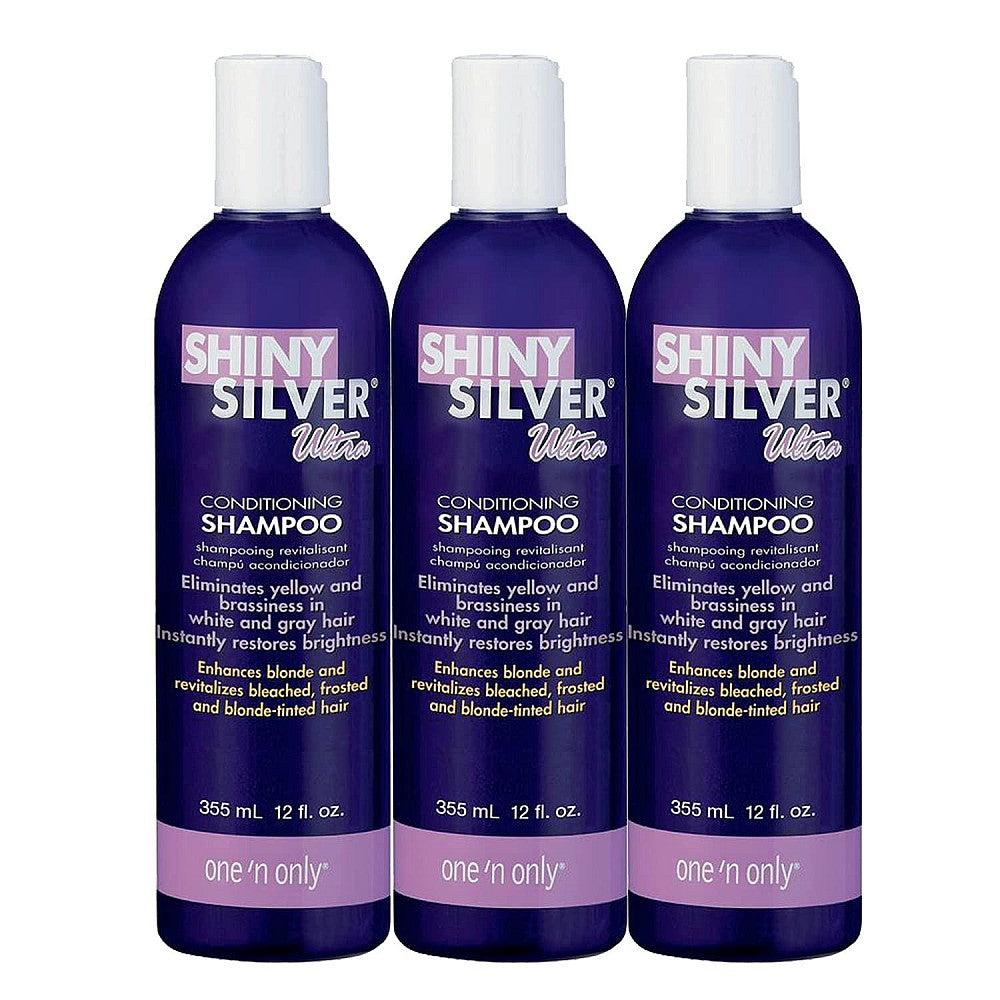 Conair Shiny Silver Ultra N' Conditioning Shampoo bottle, 12 fl oz, for shiny, healthy hair, from One N' Only brand
