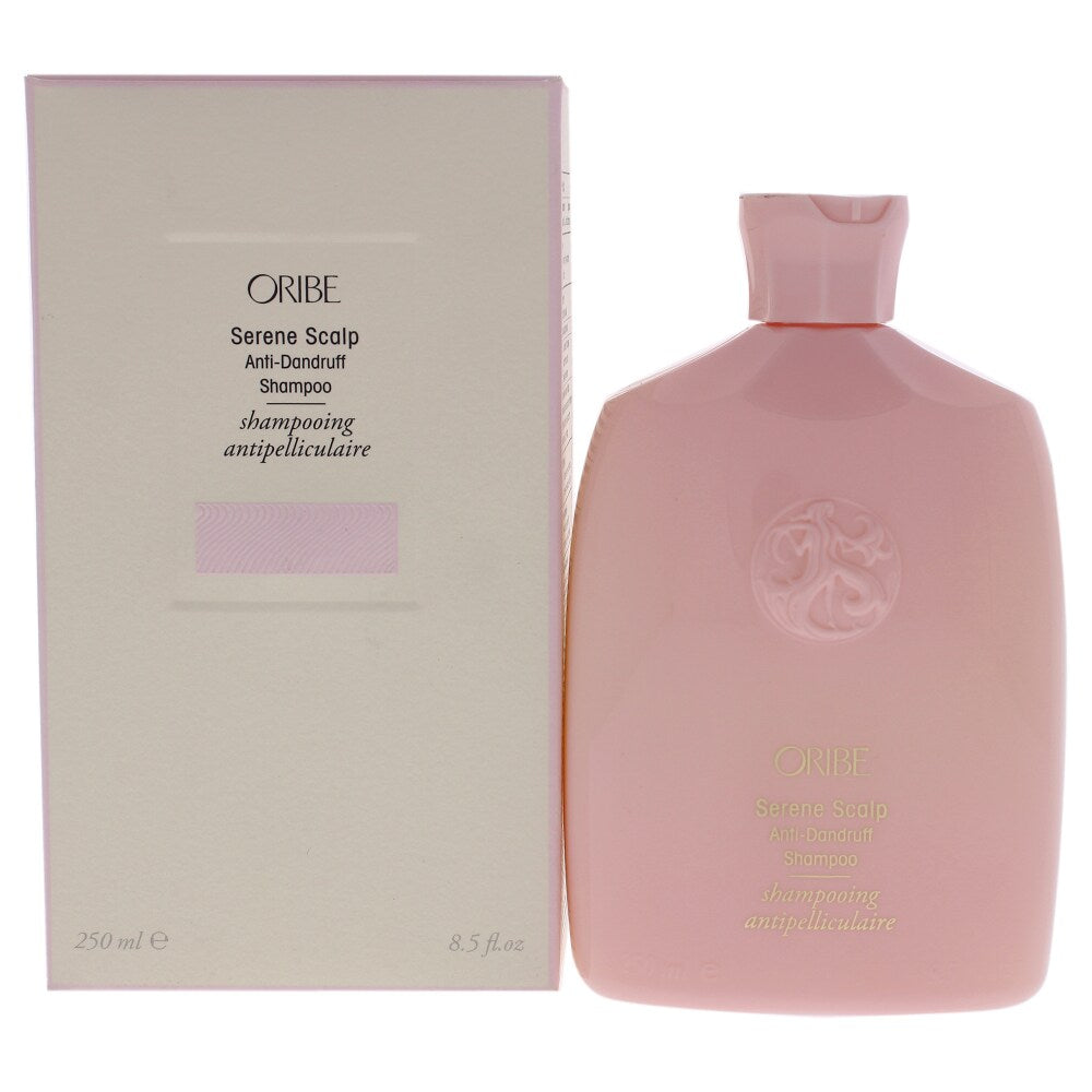 Oribe Serene Scalp Anti-Dandruff Shampoo in 8.5 oz bottle, designed to soothe scalp and reduce dandruff.