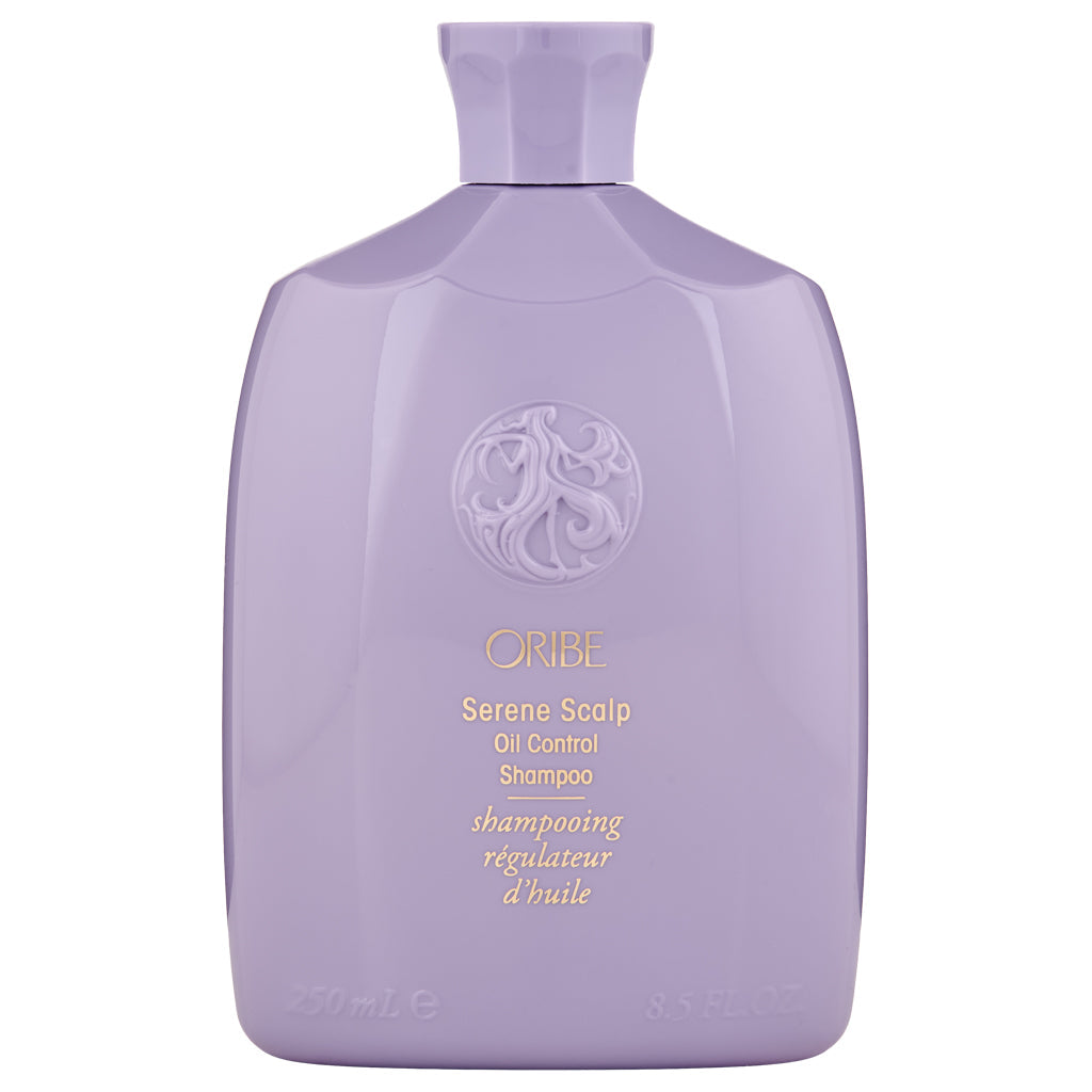 Oribe Serene Scalp Oil Control Shampoo in 8.5 oz bottle, designed for oily scalp and hair care, with a sleek bottle design.