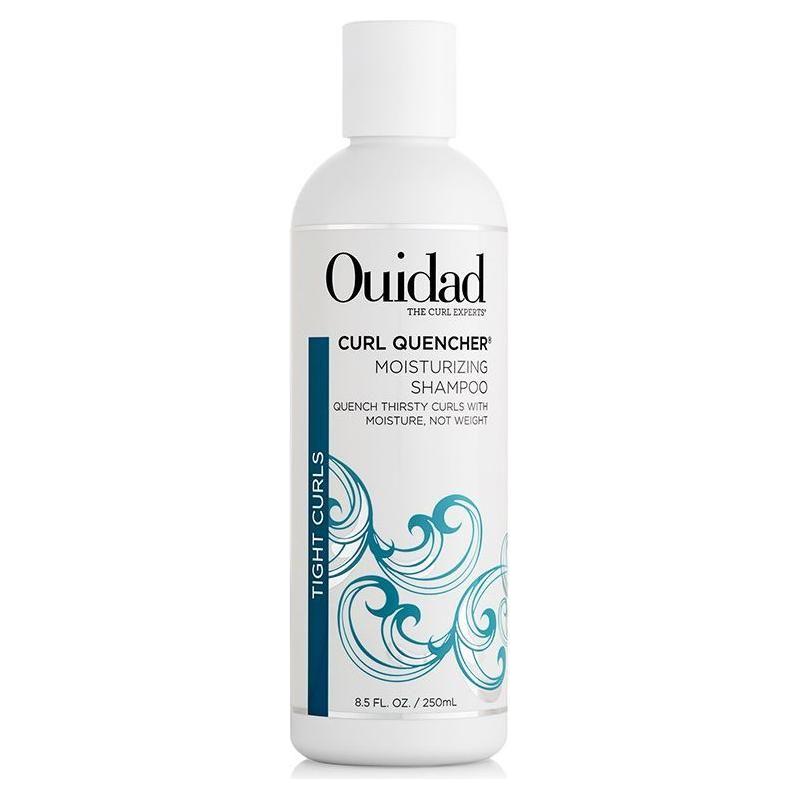 Ouidad Curl Quencher Moisturizing Shampoo in 8.5 oz bottle, hydrating shampoo for curly hair, shown in a clear bottle with a pump top.