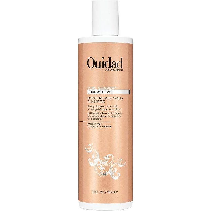 Ouidad Curl Shaper Moisture Restoring Shampoo in 12 oz bottle, hydrating formula for curly hair, shown in a clear shampoo bottle.