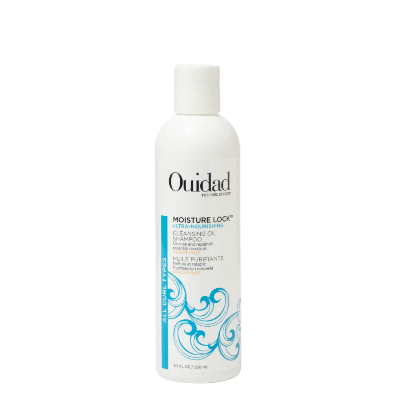 Ouidad Moisture Lock Ultra-Nourishing Cleansing Oil Shampoo in 8.5 oz bottle, featuring gentle cleansing for curly hair.