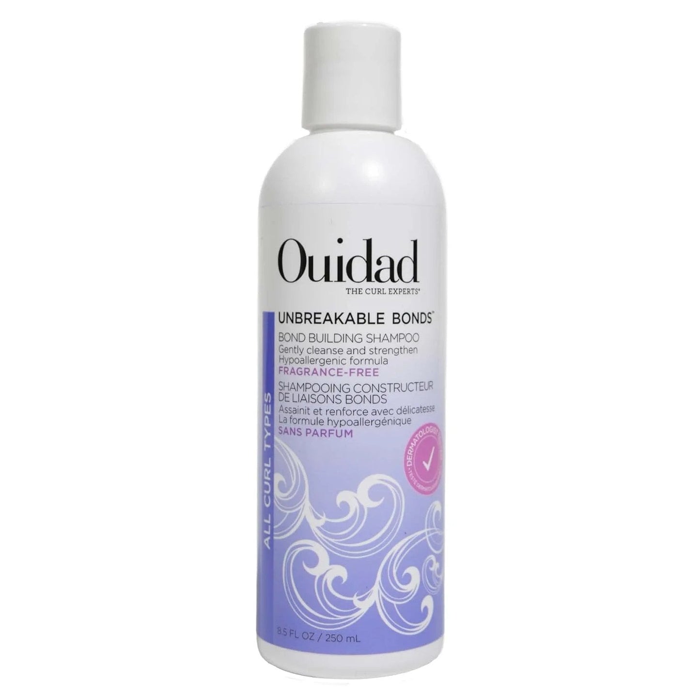 Ouidad Unbreakable Bonds Bond Building Shampoo for curly hair in 8.5 oz bottle, featuring curly hair on the label.