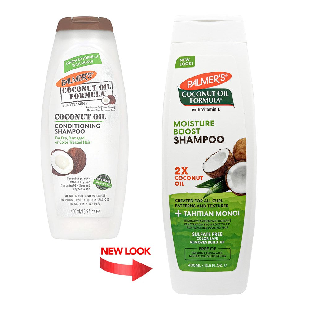 Palmer's Coconut Oil Formula Moisture Boost Shampoo in 400ml bottle, natural coconut oil-infused shampoo for nourishing hair.
