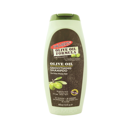 Palmer's Olive Oil Formula Shampoo with Vitamin E in a clear bottle, showing the shampoo's creamy texture and label.