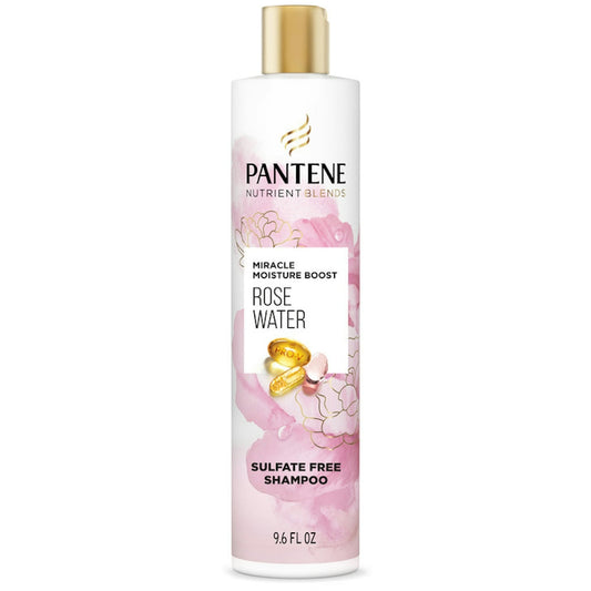 Pantene Nutrient Blends Miracle Moisture Boost Rose Water Shampoo for dry hair, sulfate-free, 9.6 fl oz bottle.