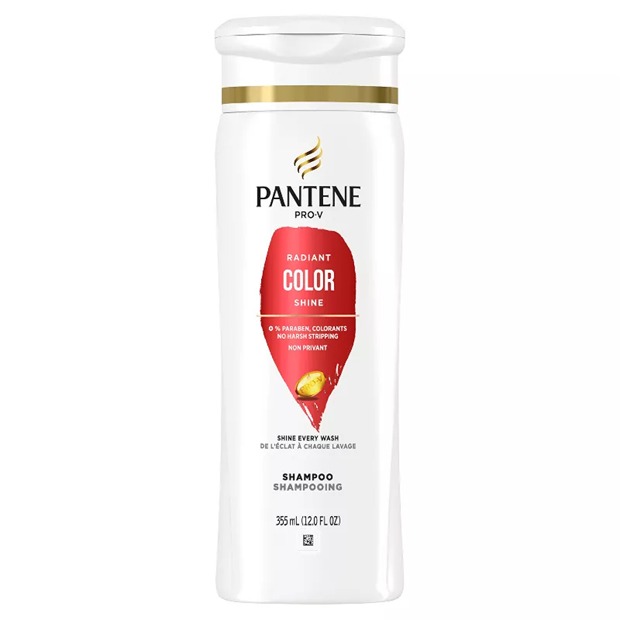 Pantene Radiant Color Shine Shampoo in 12 fl oz bottle, featuring a sleek pink and purple packaging for vibrant hair color.